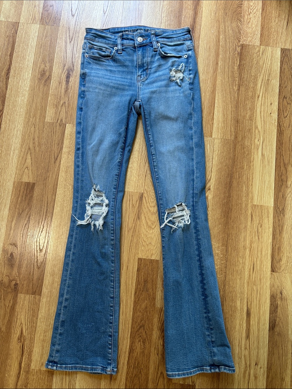 American Eagle Outfitters Light Wash Distressed Stretch Flare Jeans